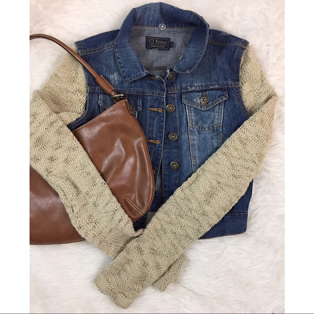 Distressed DENIM Jacket with KNITTED Arms Size S
